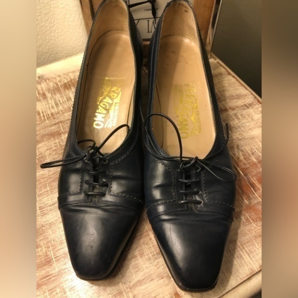 Salvatore Ferragamo  Italian leather Midnight Blue semi pointed low heels size 7